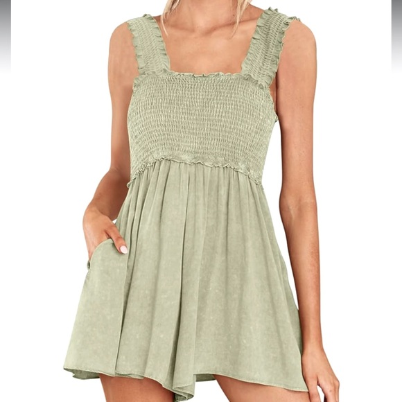 Pants - Sleeveless short romper square collar pockets flowy stretchy lightweight